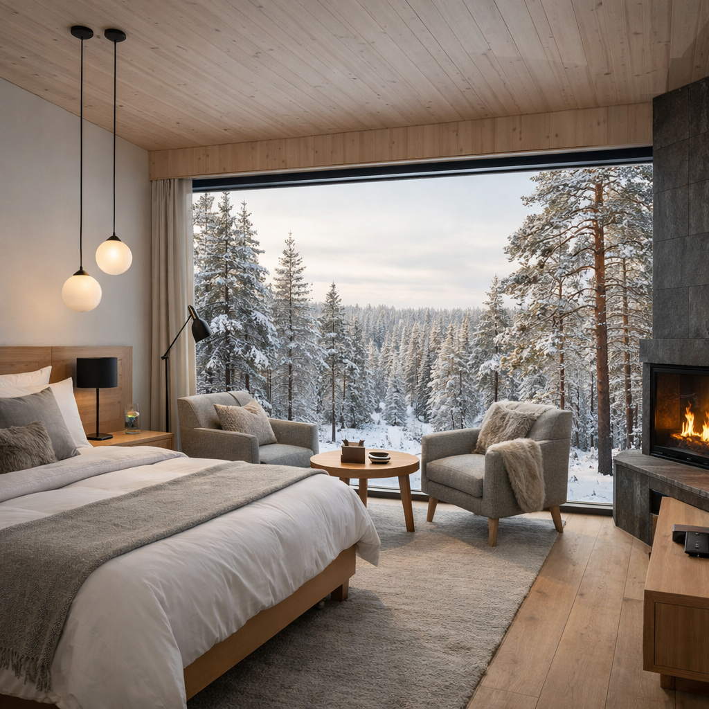 Deluxe Arctic Room with modern Nordic design and forest view