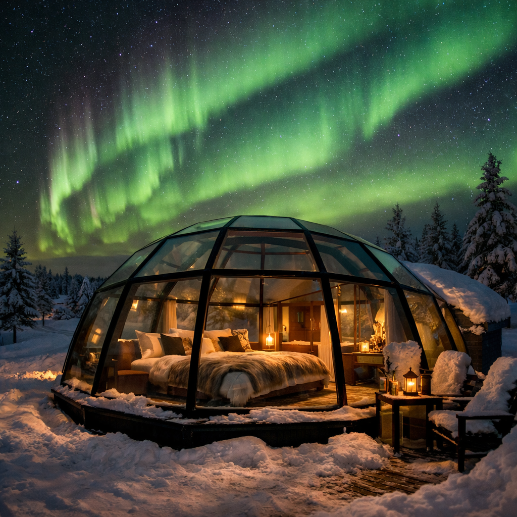 Glass Igloo Suite under the northern lights in Lapland