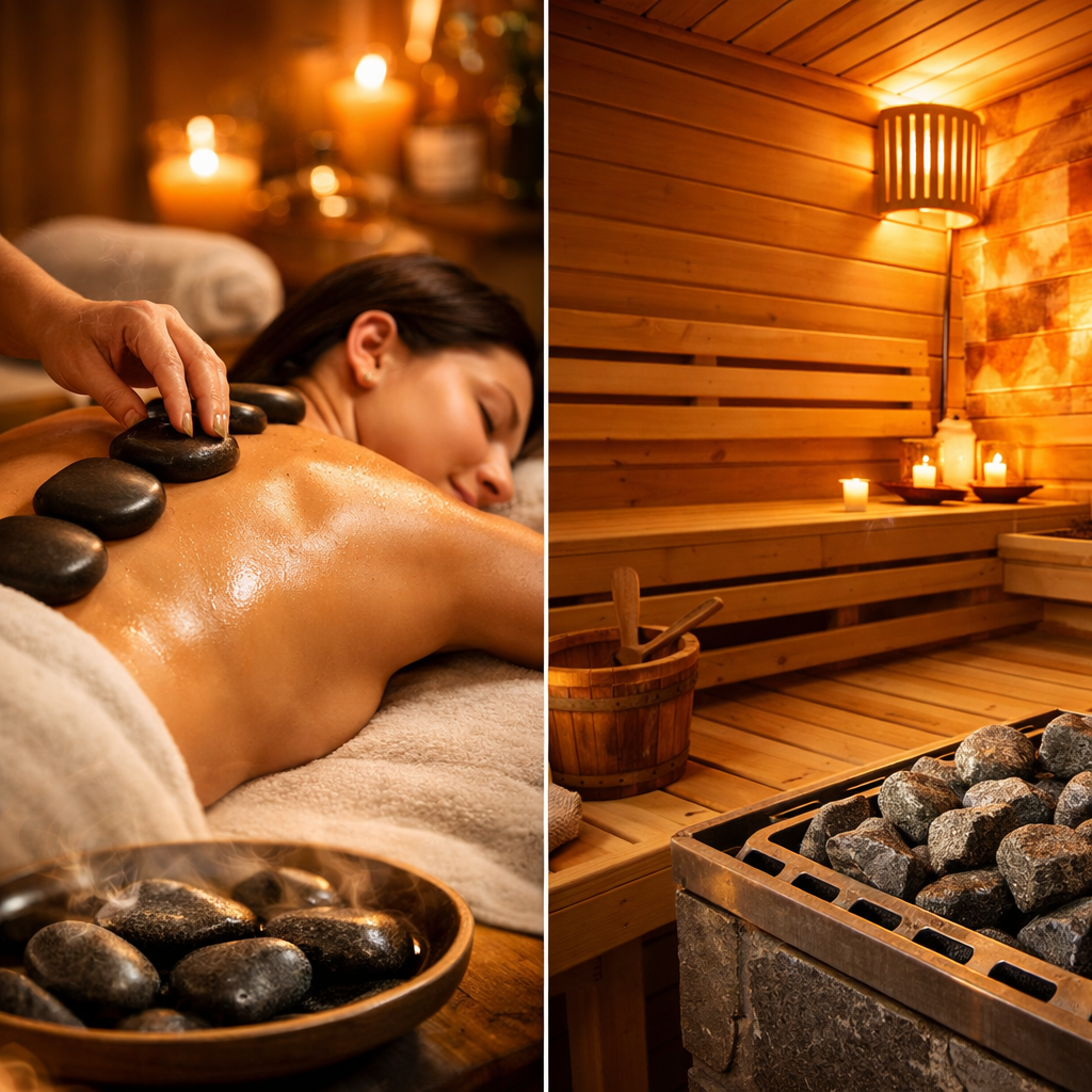 Hot stone therapy treatment with relaxing amber lighting
