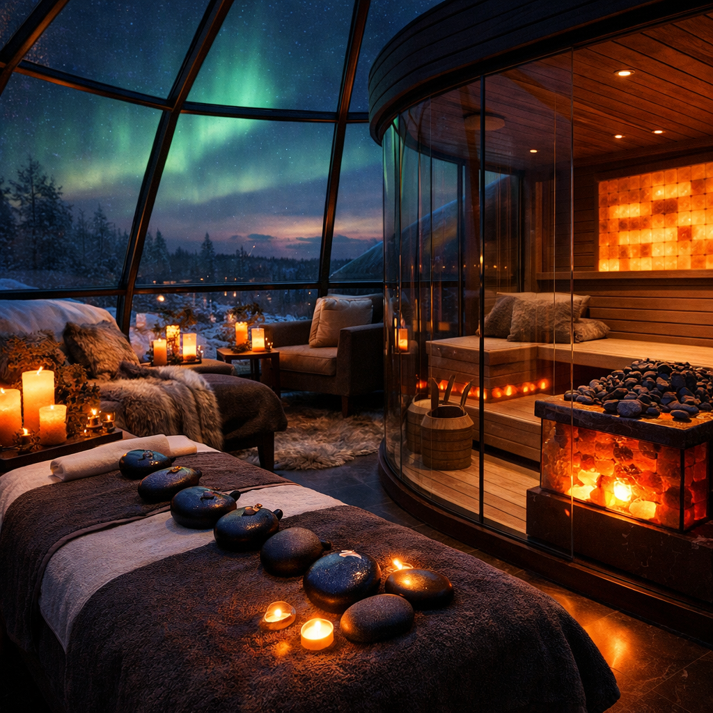 Luxury Spa Suite with private indoor sauna and fire glow accents