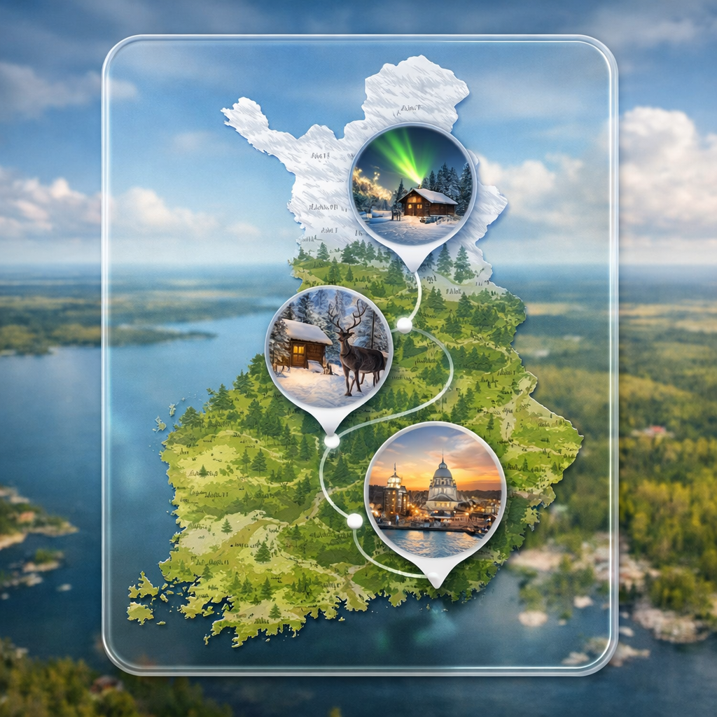 Map of Finland showing Helsinki, Rovaniemi, and Lapland locations