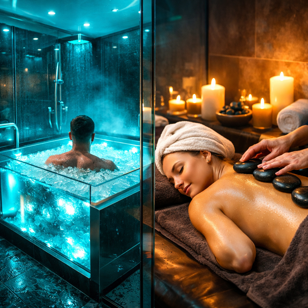 Premium ice bath experience with neon cyan lighting