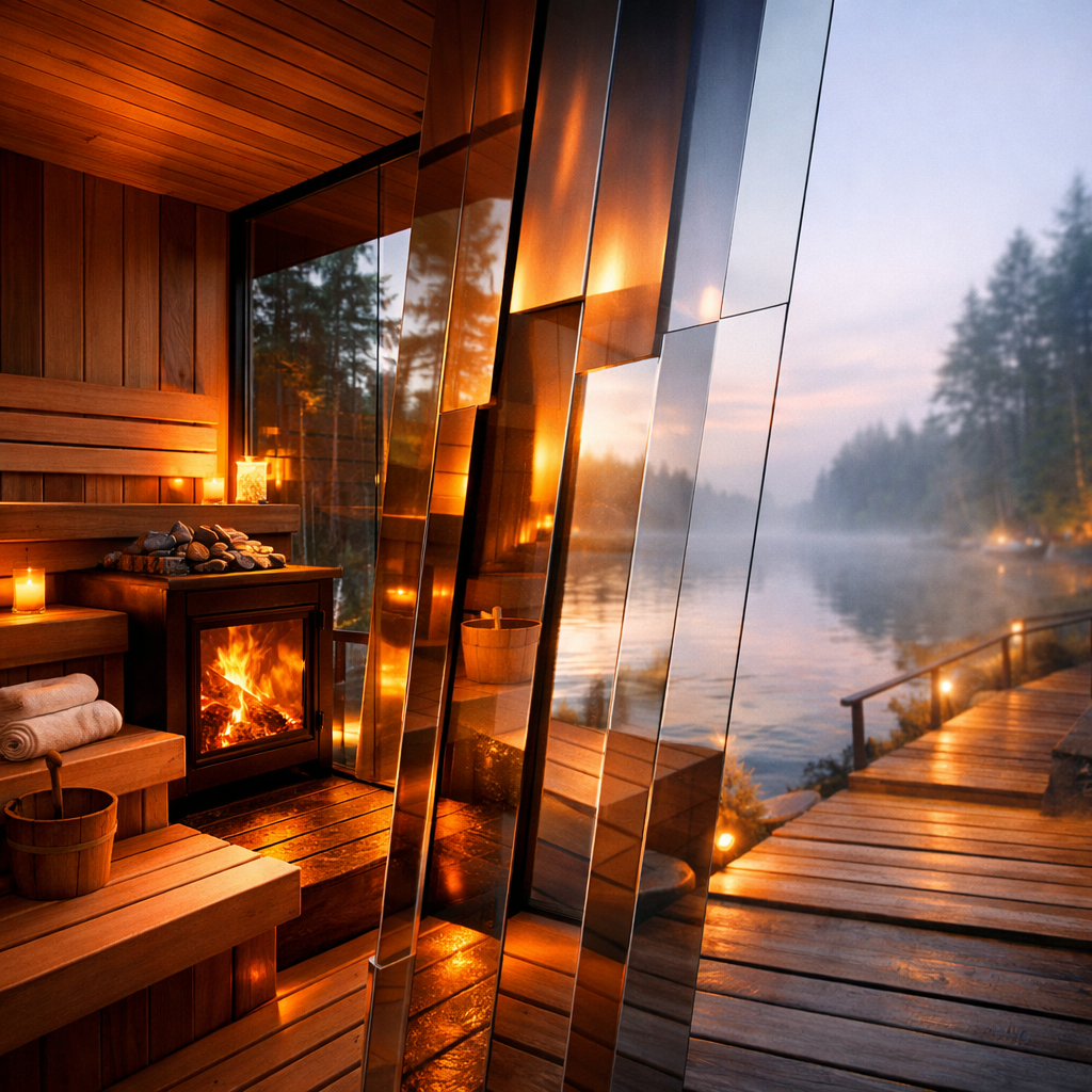 Traditional Finnish Sauna with modern glass aesthetic and fire amber glow